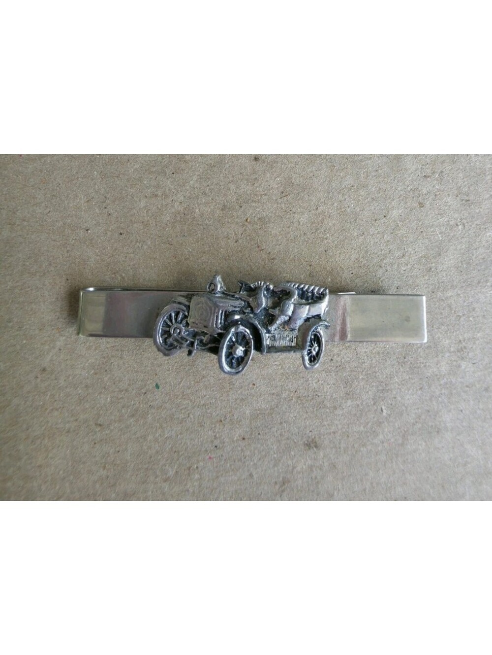 Vintage Antique Car Tie Bar Clip Silver Tone Mens Retro Figural Automobile Clasp